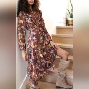 GREYLIN Anthropologie Ruffled Midi Dress tiered Long Sleeve Size S